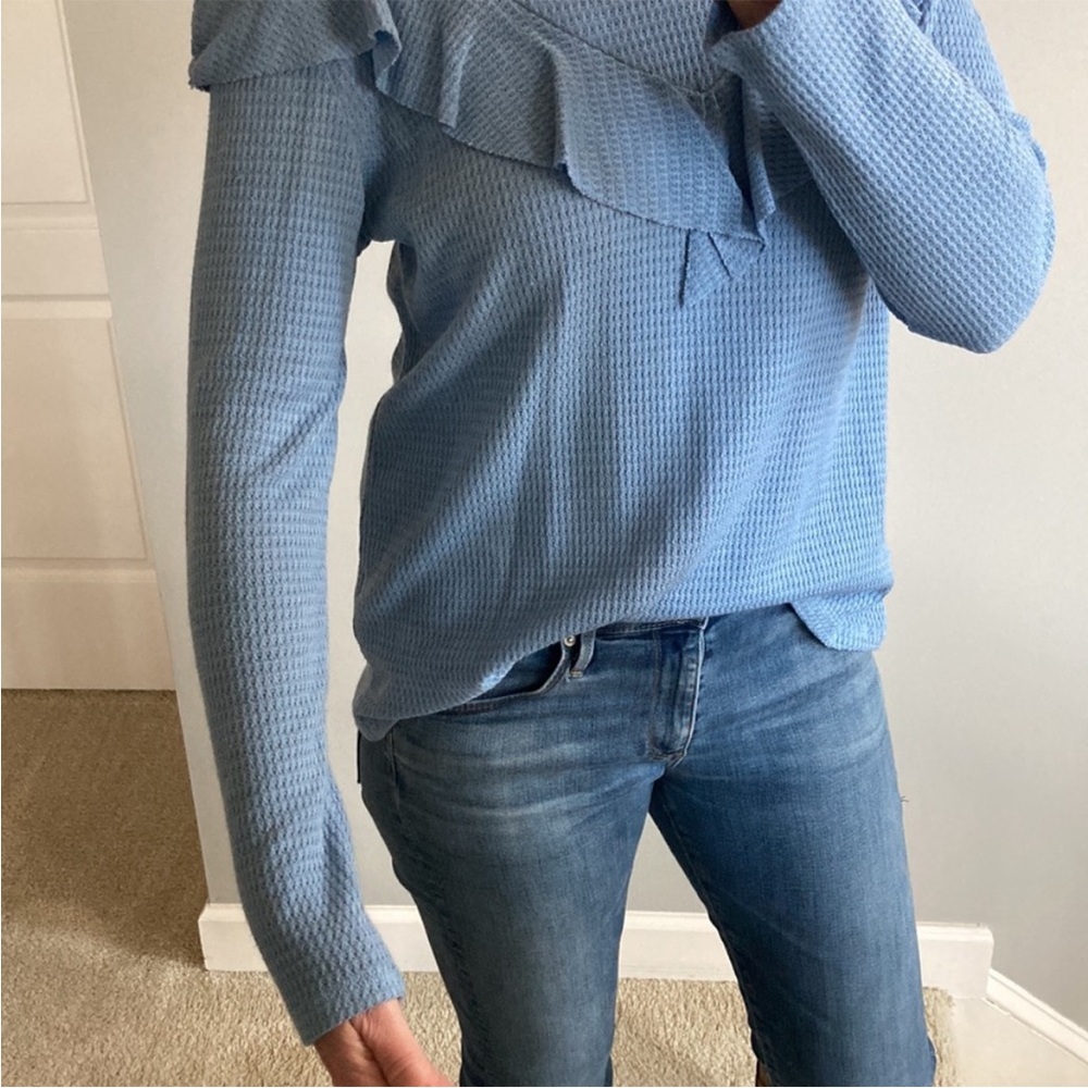 Women's Blue Ruffle Cold Shoulder Top - Picture 7 of 8